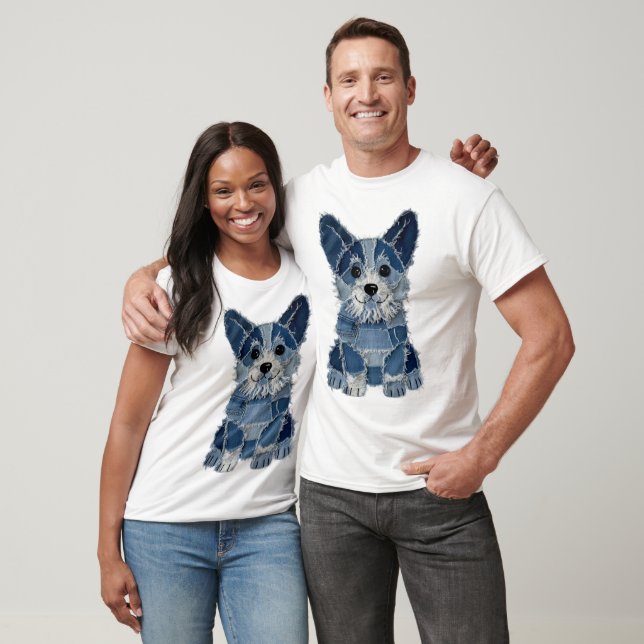 T-shirt Corgi Chien Patchwork en Denim (Unisexe)
