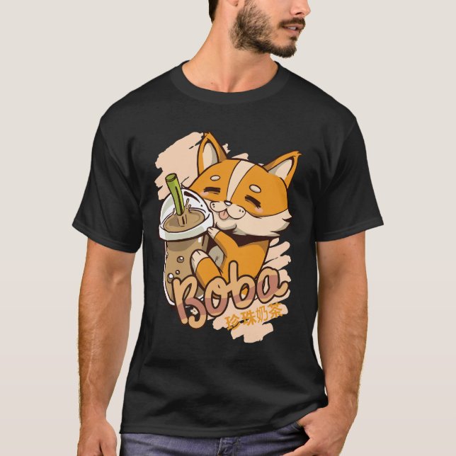 T-shirt Corgi Chiot Avec Thé À Bulle (Devant)
