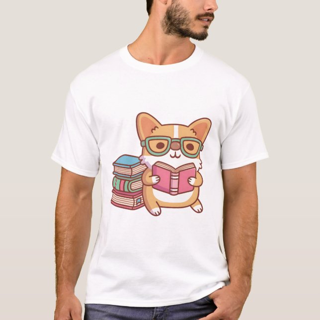 T-shirt Corgi Cute Avec Verres Lecture Livre (Devant)