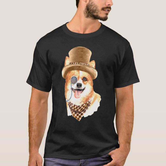 T-shirt Corgi Dandy Avec Chapeau Écharpe Et Monocle (Devant)