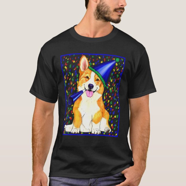 T-shirt Corgi de célébration dans un chapeau de fête (Devant)