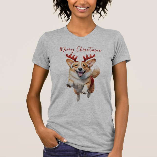 T-shirt Corgi de Noël avec bois de rennes (Devant)