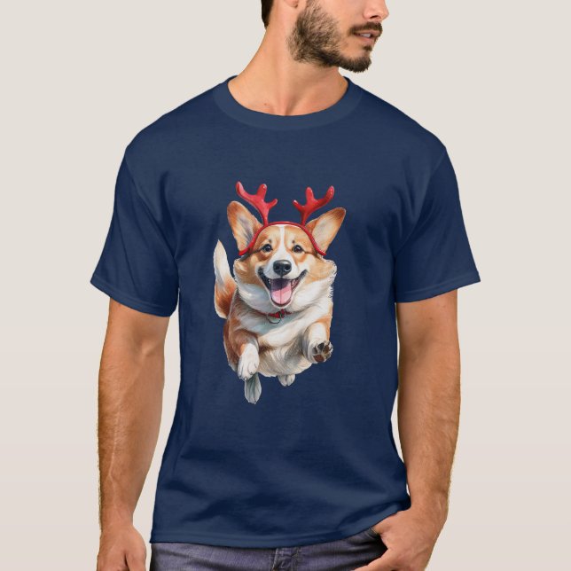 T-shirt Corgi de Noël avec bois de rennes (Devant)