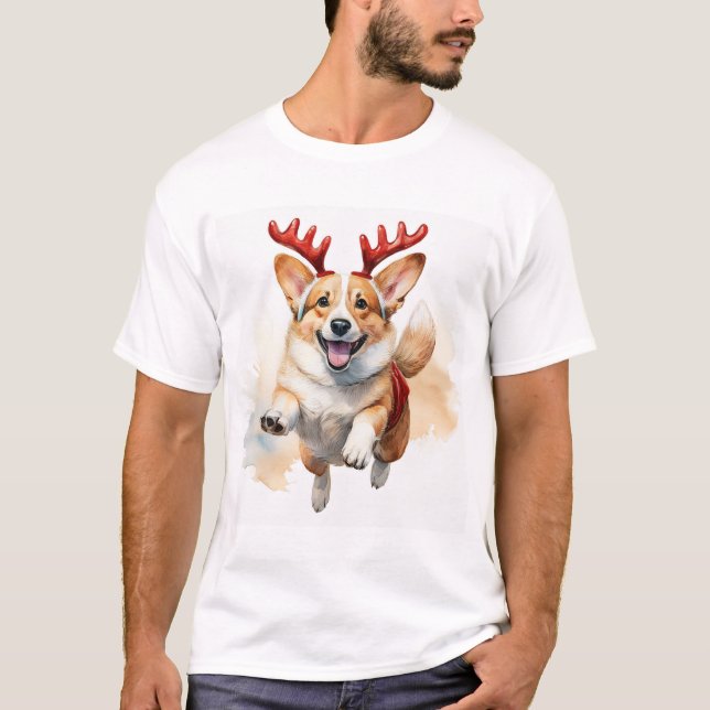 T-shirt Corgi de Noël avec bois de rennes (Devant)