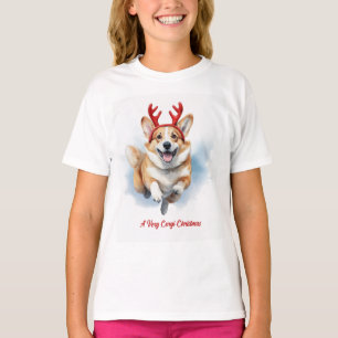 T-shirt Corgi de Noël avec des bois de rennes bondissant