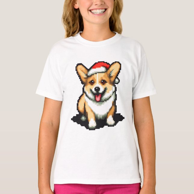T-shirt Corgi de Noël mignonne à Santa hat Pixel art (Devant)