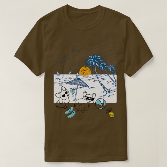 T-shirt Corgi Dog Beach View With Palm Trees And Sailboats (Design devant)