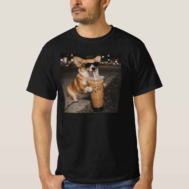 T-shirt Corgi Drinking Iced Coffee Funny Animal Dog Meme (Devant)