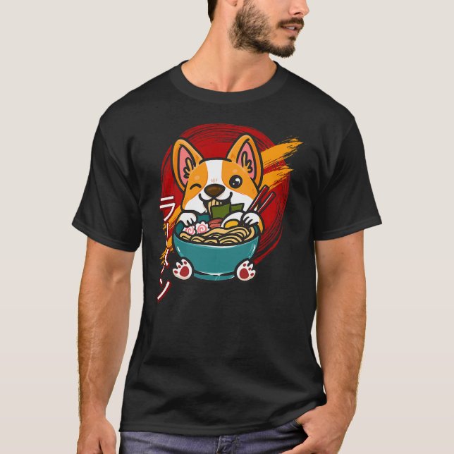 T-shirt Corgi Eating Ramen Cute Kawaii Dog Japanese Noodle (Devant)
