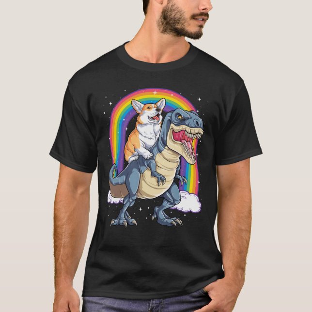 T-shirt Corgi équitation Dinosaur T rex Chemise Funny Rain (Devant)