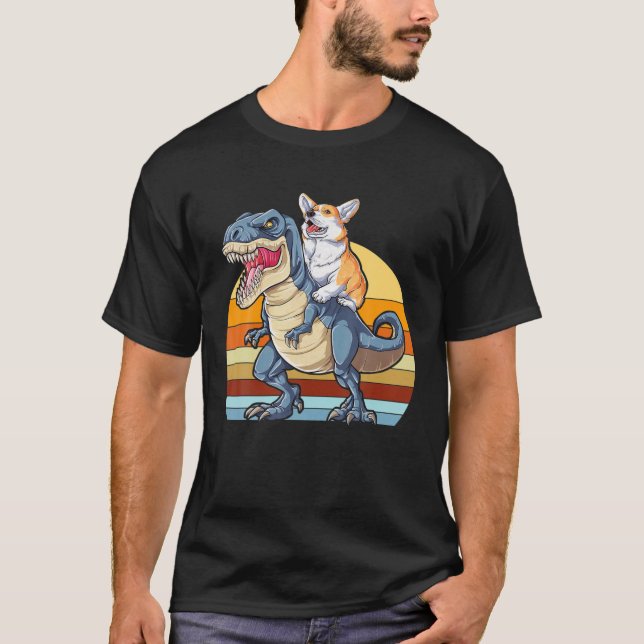 T-shirt Corgi équitation Dinosaur T Rex Cute Corgis Amoure (Devant)