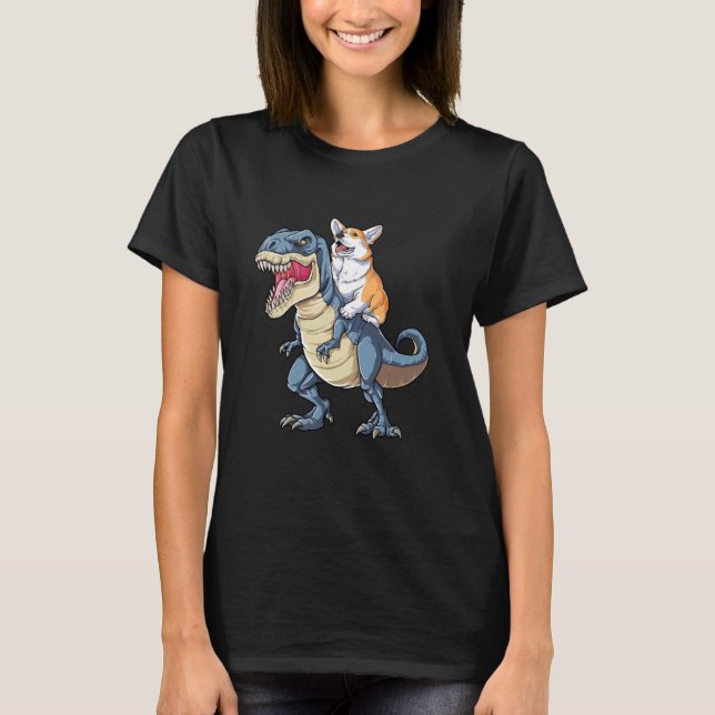 T-shirt Corgi équitation T Rex Costume Halloween Dinosaur  (Devant)