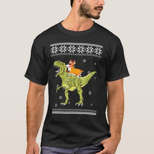 T-shirt Corgi équitation T Rex Dinosaur Noël Lumière Noël (Devant)
