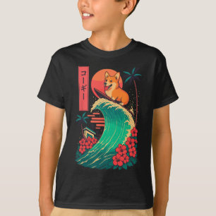 T-shirt Corgi faisant du surf sur une vague japonaise
