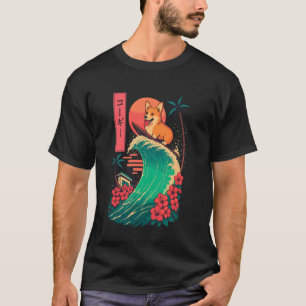 T-shirt Corgi faisant du surf sur une vague japonaise