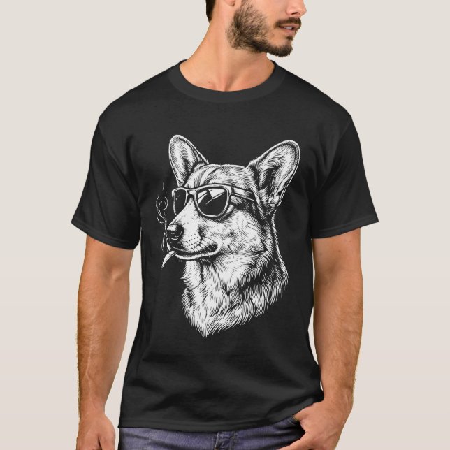T-shirt Corgi Fumant une Cigarette Manches Longues (Devant)