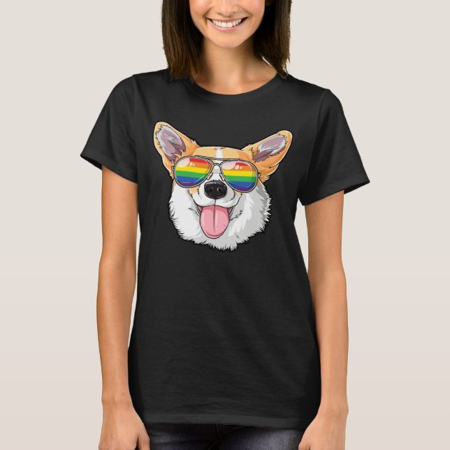 T-shirt Corgi Gay Pride LGBT Rainbow Flag Sunglasses LGBTQ (Devant)