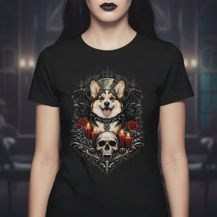 T-shirt Corgi gothique foncé avec crâne et bougies