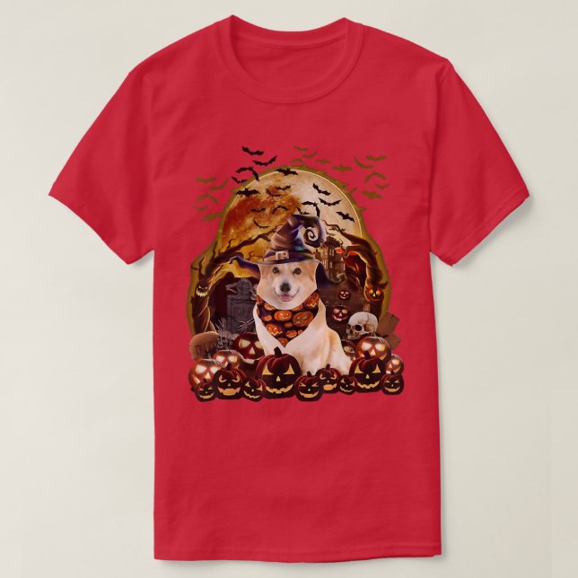 T-shirt Corgi Halloween HouseDogs Pumpkin Witch Horror  (Design devant)