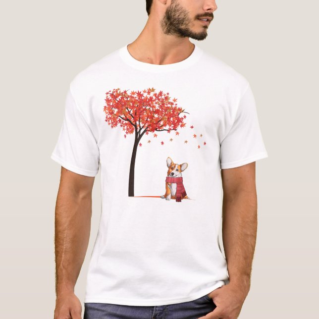 T-shirt Corgi Maple Tree Thanksgiving Day mignon Chien Fal (Devant)