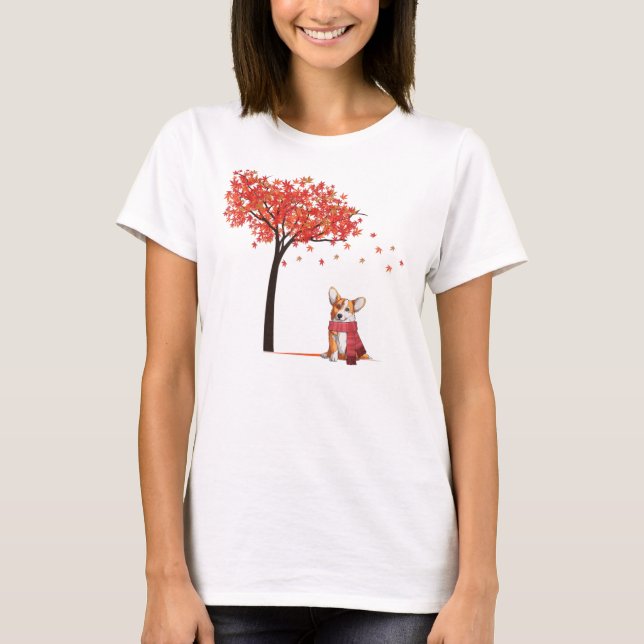 T-shirt Corgi Maple Tree Thanksgiving Day mignon Chien Fal (Devant)