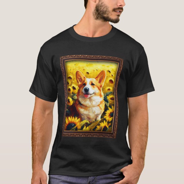 T-shirt Corgi Painting Sunflower Flower Mom Women Floral   (Devant)