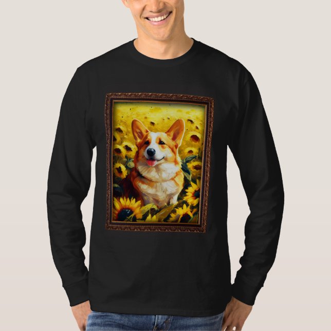 T-shirt Corgi Painting Sunflower Flower Mom Women Floral   (Devant)