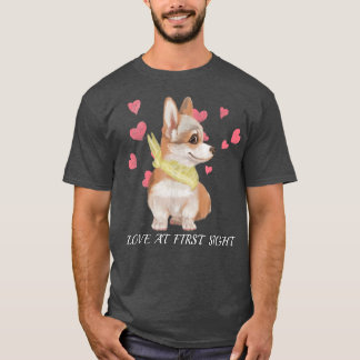 T-shirt Corgi Puppy Love At 1st Sight Watercolor Hearts De