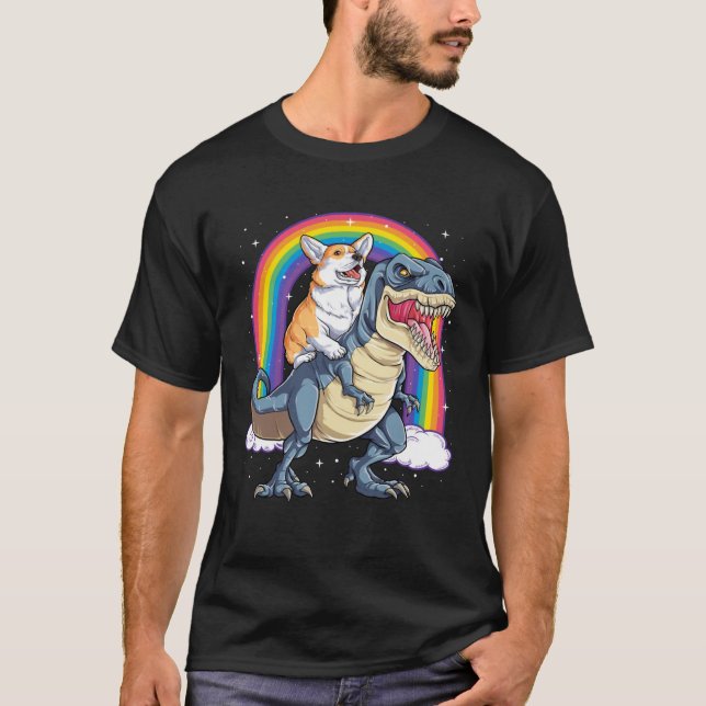 T-shirt Corgi Riding Dinosaur rex  Men Women Rainbow (Devant)
