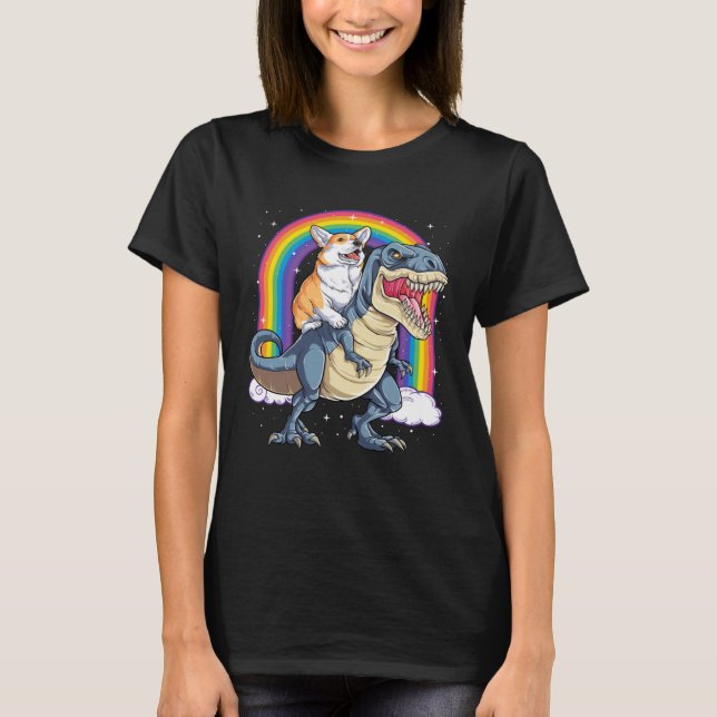 T-shirt Corgi Riding Dinosaur rex  Men Women Rainbow (Devant)