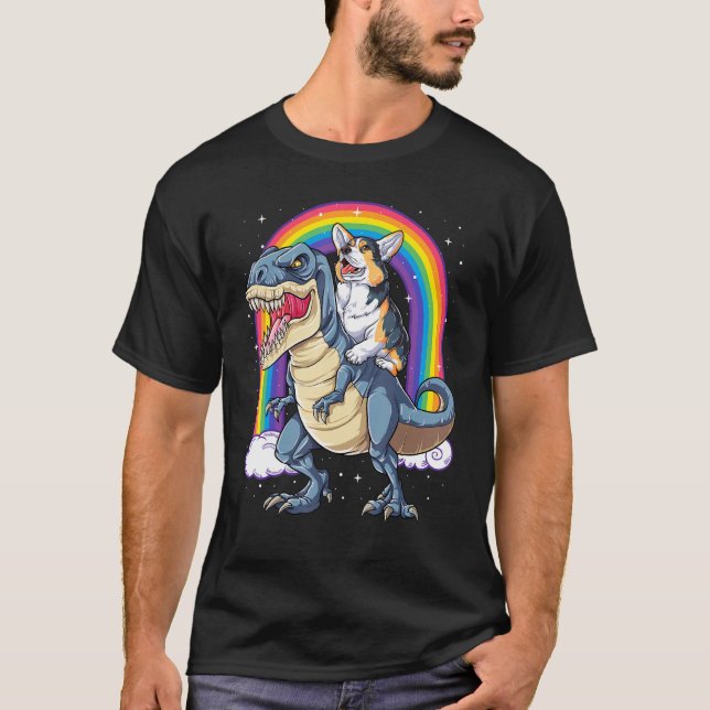 T-shirt Corgi Riding Dinosaur T rex Boys Girls Rainbow Spa (Devant)