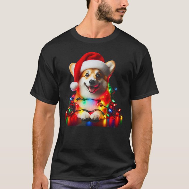 T-shirt Corgi Santa Christmas Tree Lights Boys Men Corgmas (Devant)