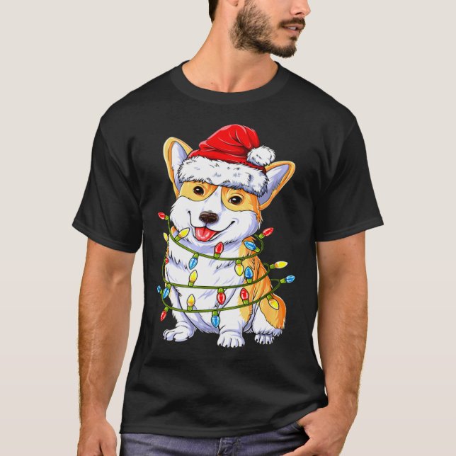T-shirt Corgi Santa Christmas Tree Lights Xmas (Devant)