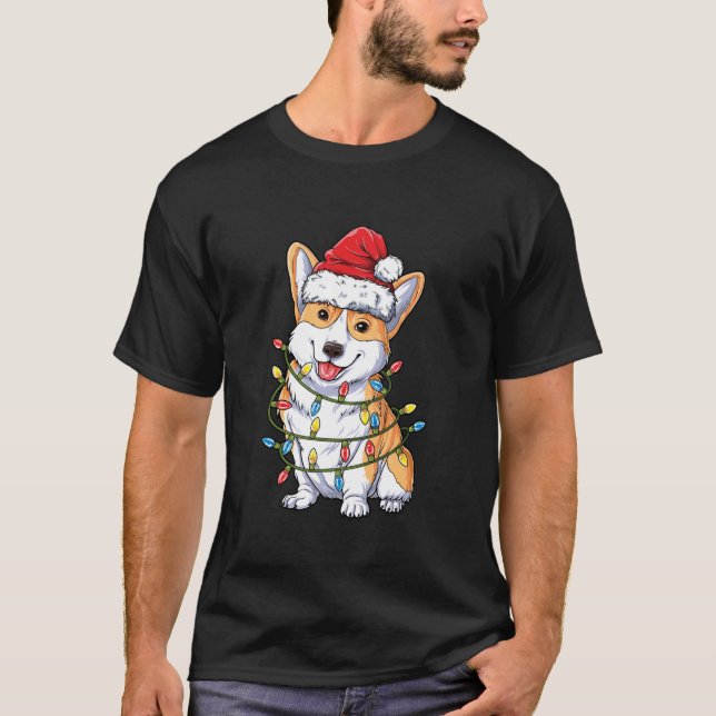 T-shirt Corgi Santa Christmas Tree Lights Xmas Boys Men Co (Devant)
