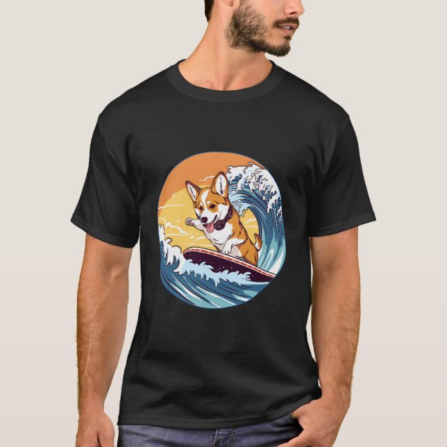 T-shirt Corgi Surf Funny Dog Beach (Devant)