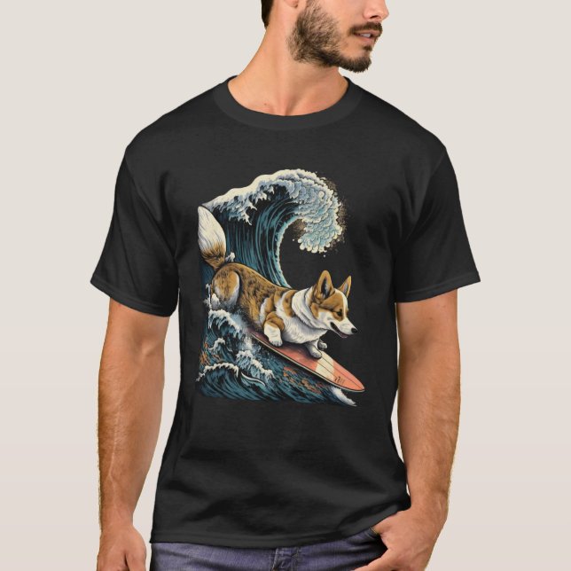 T-shirt Corgi Surf Kanagawa Japonais La grande vague (Devant)
