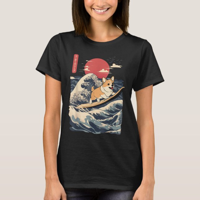 T-shirt Corgi surf vague japonaise (Devant)
