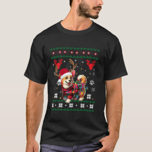 T-shirt Corgi Ugly Funny Noël Santa Hat Light Reindee