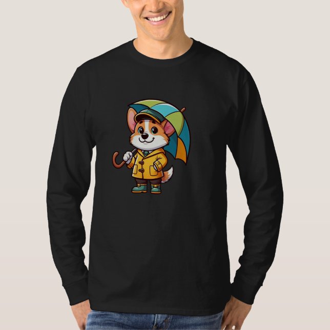 T-shirt Corgi Umbrella Dog Funny Raincoat (Devant)