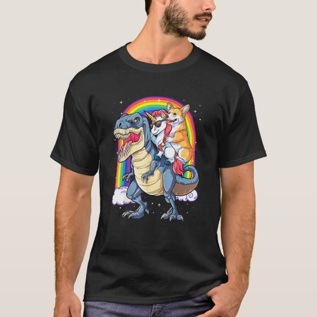 T-shirt Corgi Unicorn équitation Dinosaur T Rex Hommes Fem (Devant)