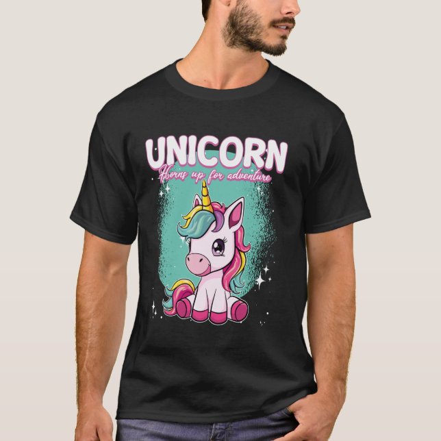 T-shirt Corne de licorne levée pour licorne d'aventure (Devant)