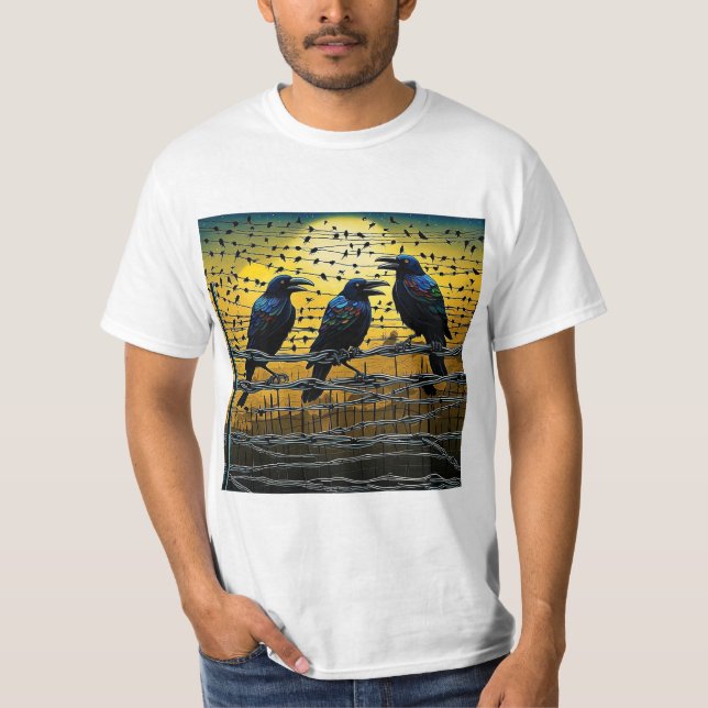 T-shirt Corneilles sur clôture à barbelé 5 (Devant)