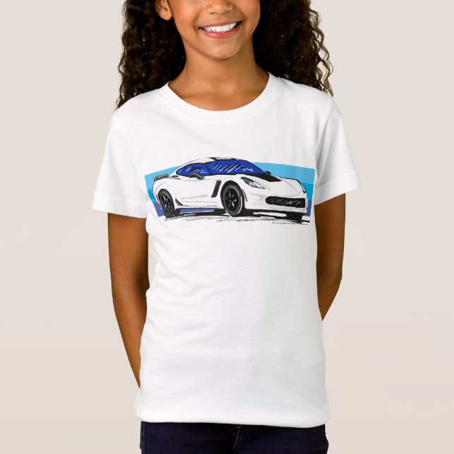 T-Shirt Corvette blanche C7 avec bandes bleues (Devant)