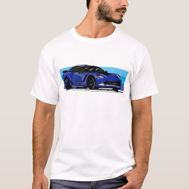 T-shirt Corvette C7 Blue Sportscar avec Bleu Stripe (Devant)