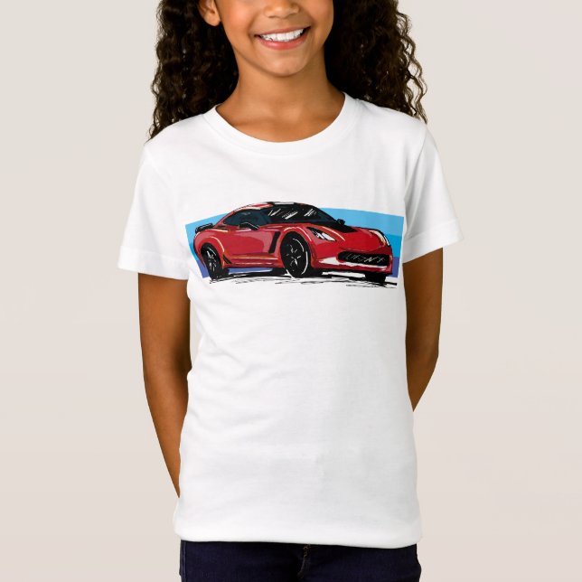 T-Shirt Corvette rouge C7 avec bandes bleues (Devant)