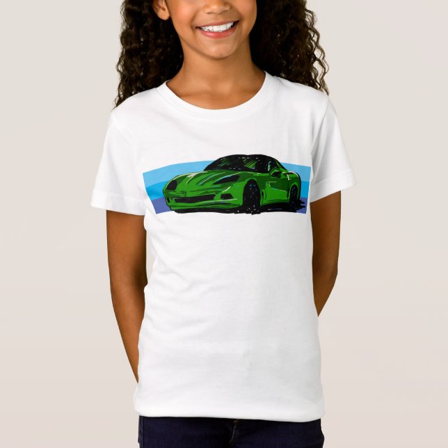 T-Shirt Corvette verte brillante C6 avec bandes bleues (Devant)