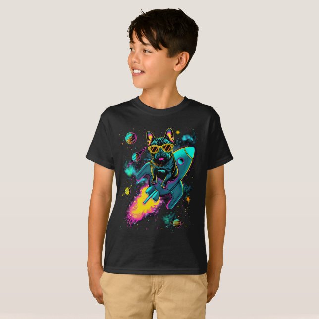T-shirt Cosmic Frenchie Rocket Ride | Enfants Néon (Devant entier)