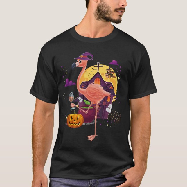 T-shirt Costume Halloween Citrouille sorcier Flamant rose  (Devant)