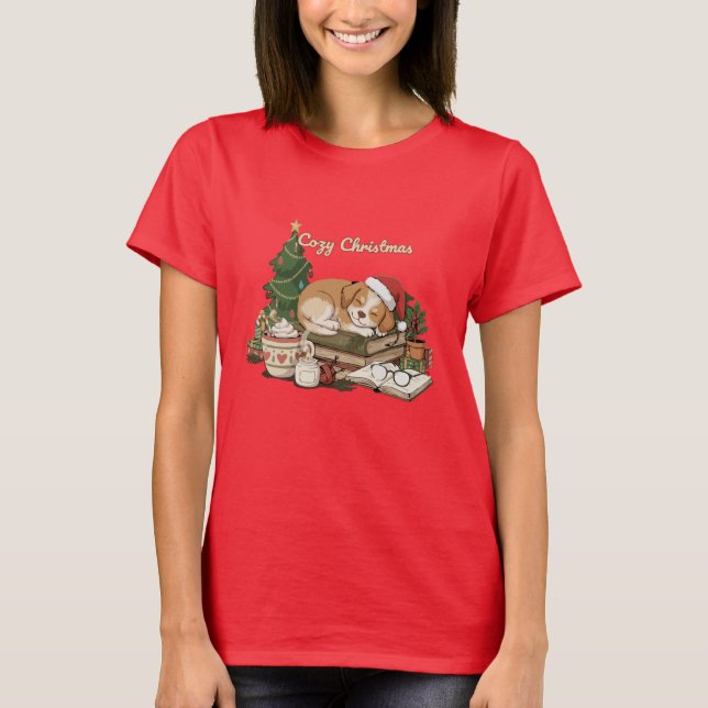 T-shirt Cosy Christmas Sleeping Chiot & Livres Vintage (Devant)