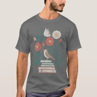 T-shirt Cottagecore Oiseau sur des livres avec Fleurs déli